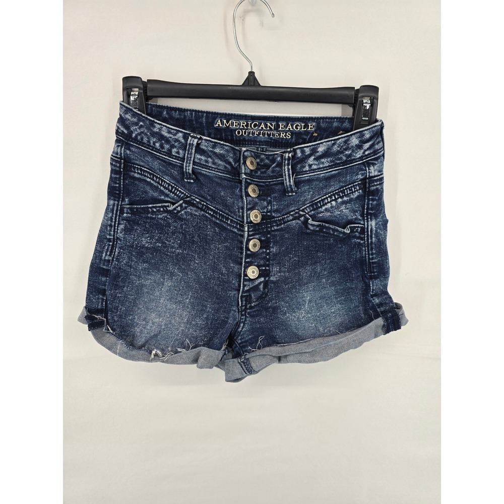 American Eagle Super Stretch High Rise Acid Wash Button Fly Denim Shorts Size 0